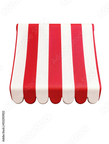 Red and white striped store awning isolated on white background, perfect for market or cafe themes.