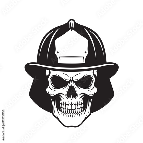 Firefighter skull in helmet silhouette symbolizing bravery and sacrifice in duty monochrome art