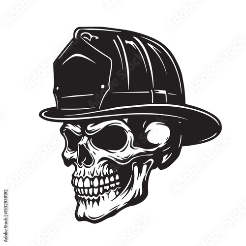 Firefighter skull silhouette illustration in black and white
