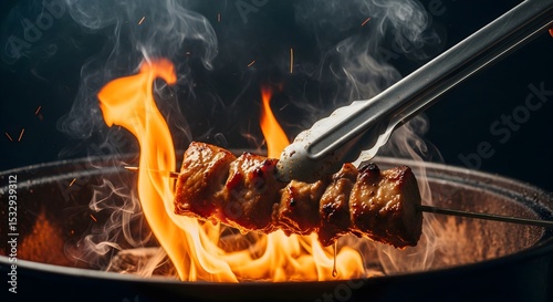 Grilled Meat Skewer Over Open Flame with Smoke and Dripping Juices at Night BBQ

 photo