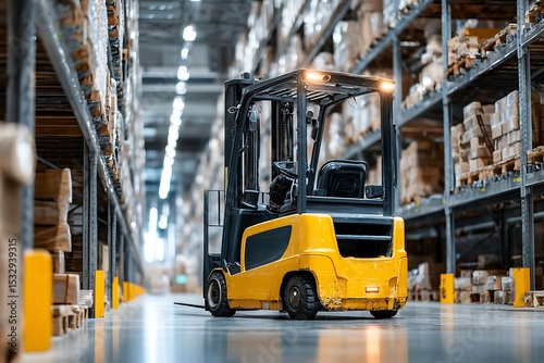 A yellow forklift in a warehouse with boxes on shelves.