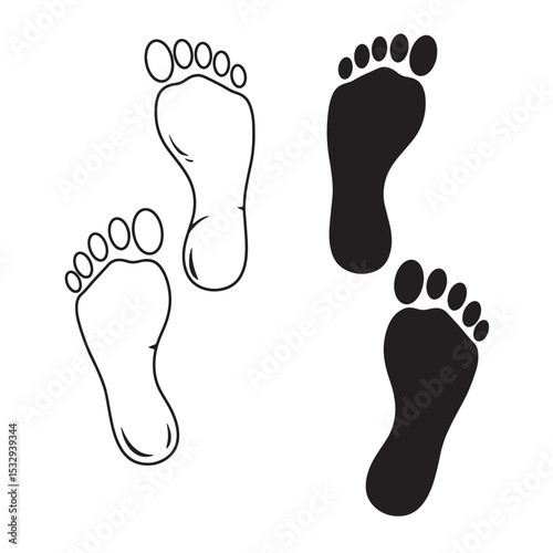 Footprint silhouettes vector illustration in black and white depicting human feet impressions on a clean white background