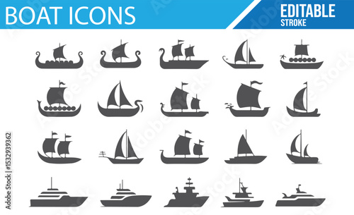 Editable icons of boats and yachts for use in travel, adventure, and coastal branding.