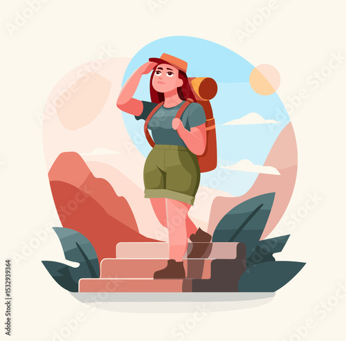 Adventurous Hike: A spirited woman gazes towards a scenic vista, embarking on a solo hiking adventure, embracing the thrill of exploration and the beauty of nature.