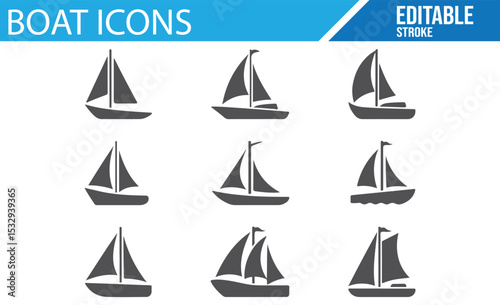 Icon set for nautical designs, including yachts, sailboats, and maritime ships.
