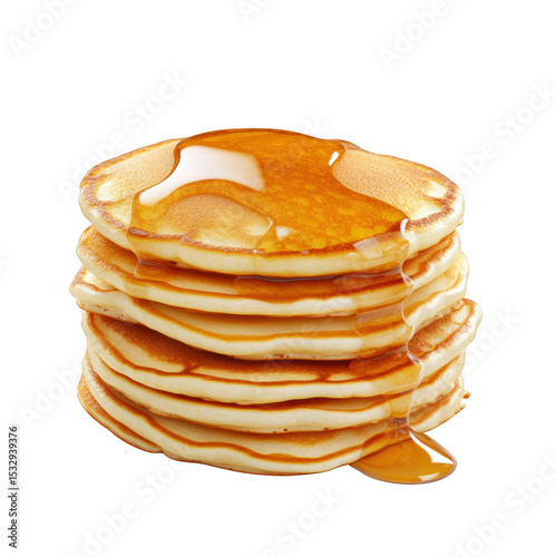Stack of golden pancakes drizzled with maple syrup, perfect for a delicious breakfast.