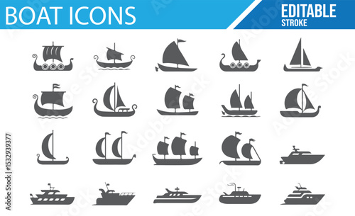 Boat icons collection representing different types of vessels for travel and shipping projects.
