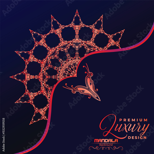 A vibrant red-orange mandala unfurls on a deep navy background, partially obscured by a graceful red-lined curve. "Premium Luxury Design" in elegant script completes the look