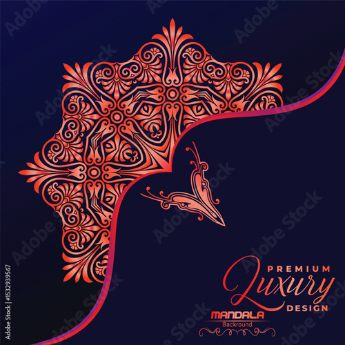 A vibrant red-orange mandala unfurls on a deep navy background, partially obscured by a graceful red-lined curve. "Premium Luxury Design" in elegant script completes the look