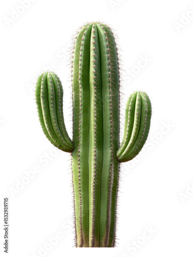 Vibrant green cactus with thick stem and spiky arms isolated on white background.