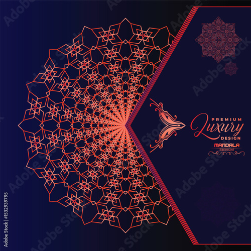 A striking navy blue background highlights a vibrant, intricate red-orange mandala design. Elegant script text "Premium Luxury Design" suggests sophistication.