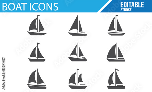 Editable boat icons featuring various boat types like yachts, sailboats, and ships.