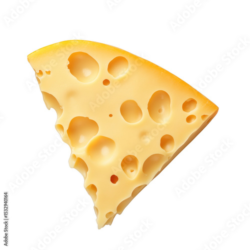 A slice of Swiss cheese with holes, isolated on white, showcasing texture and appetizing appearance.