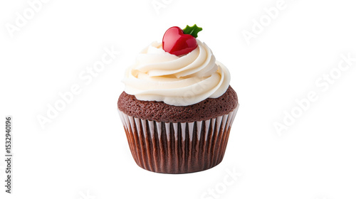 A delicious chocolate cupcake topped with vanilla frosting and a red cherry, a sweet indulgence perfect for dessert.