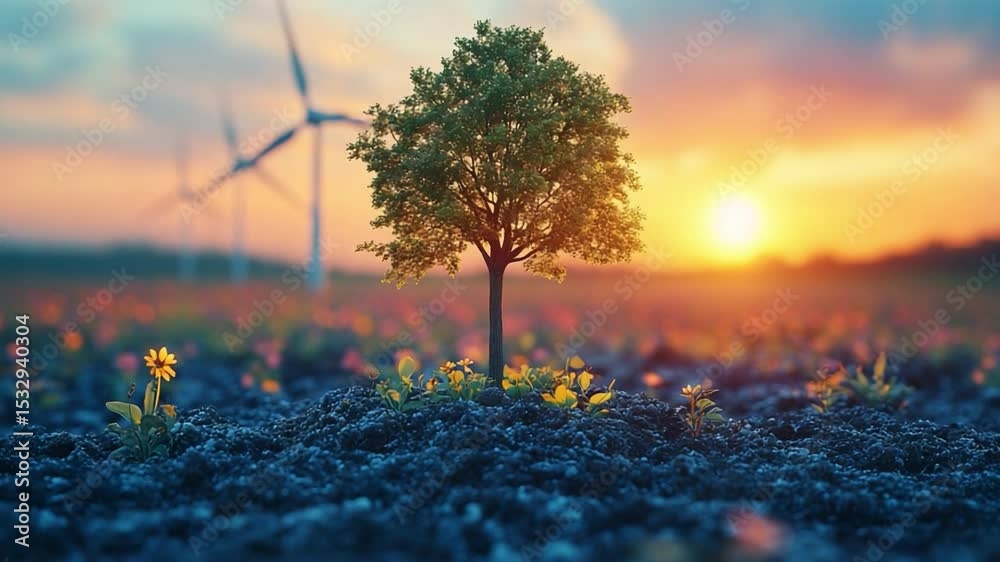 Green Energy Future: A young tree sapling thrives in dark soil, symbolizing new growth and a sustainable future, with wind turbines and a vibrant sunset in the background.