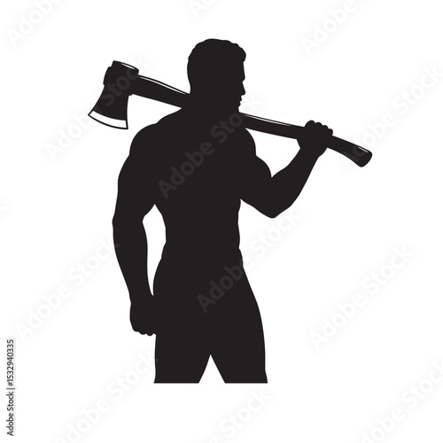Muscular lumberjack silhouette carrying axe shoulder showing strength and power on white background