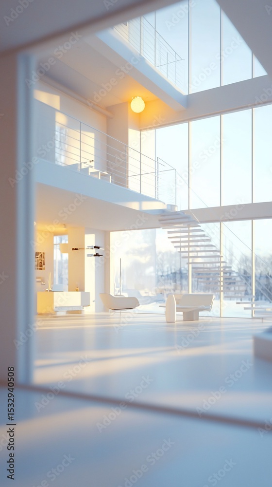 Fototapeta premium Serene modernist architecture bathed in gentle light, a peaceful indoor view