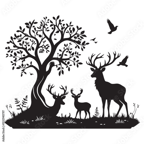 Silhouette of deer family with tree and birds