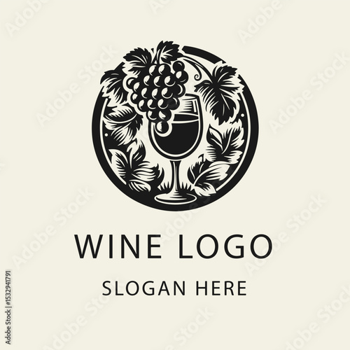 Black and white flat vector logo of a wine glass with grape cluster and leaves. Minimal vintage design, perfect for winery branding or restaurant use.