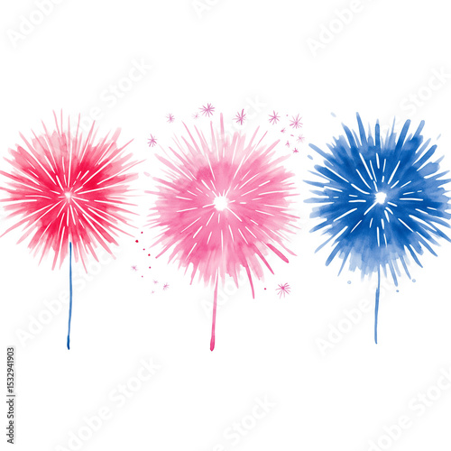  Atercolor clipart set of 4, red, white, and blue fireworks on a solid transparent background, no shadows, for the Fourth of July, in navy, pink, light purple, and fuchsia colors. photo