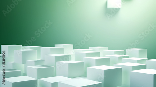 Abstract geometric arrangement of white cubes over a dusty green background with soft gradient lighting from the right side, shadows rendered in high detail