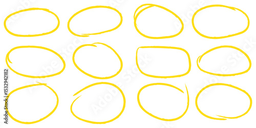 Yellow circle, pen draw. Highlight hand drawing different circles isolated on background. Bright red scribble ovals and bubbles to circle and highlight text. EPS 10