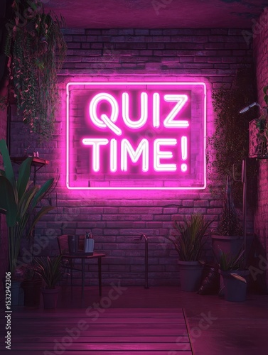 Neon Quiz Time Stage with Question Marks.A vibrant, digitally rendered stage scene announces 