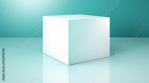 Floating white cube backdrop with a pale sky teal background and natural lighting gradient from top to bottom for spatial illusion
