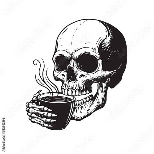 Skull enjoying coffee a silhouette illustration in black and white vintage tattoo style suitable for print design