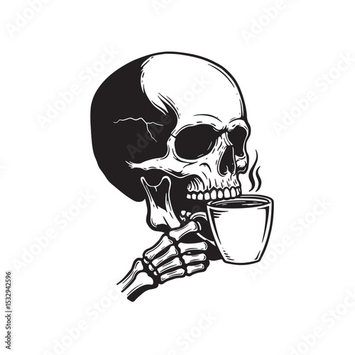 Skull enjoying coffee artwork in a vector illustration silhouette design black and white graphic