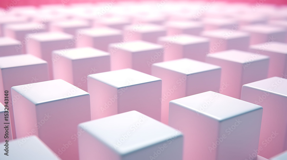 Fototapeta premium Randomly shifted white cube pattern on a soft rose background with sunlight filtering from the top right, shallow depth of field for realism