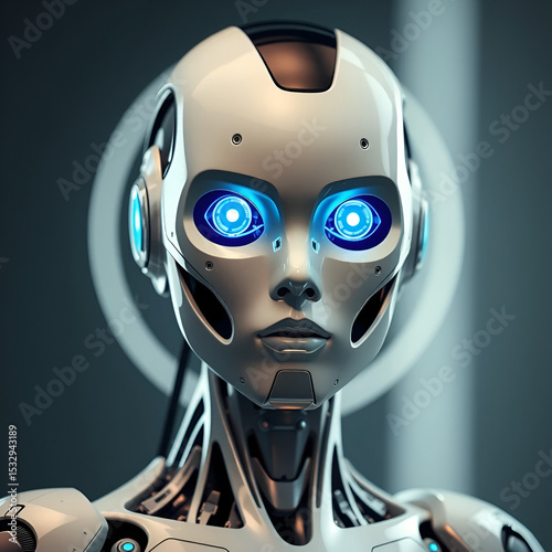 A futuristic, humanoid robot with glowing blue eyes and a sleek,