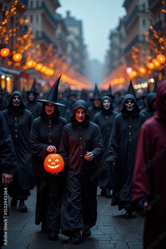 Naklejka premium A crowd of people dressed as eerie witches and undead walk through a city decorated with candles and pumpkins during a Halloween festival