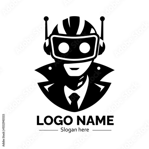 Intriguing black and white robot head with antennas wearing a stylish coat and tie. Artificial intelligence concept