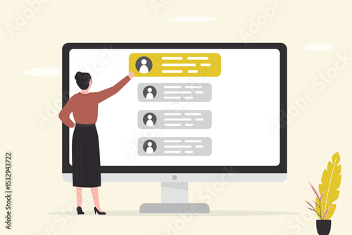 Client give feedback, rating concept. Female character write product reviews on company web page on a large monitor. Customer woman send comment on forum, chat or website.