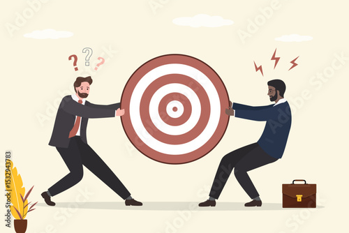 Competitive for business target concept, compete for customers, scramble for market share, two angry businessmen fighting for dartboard target. Career opportunity,