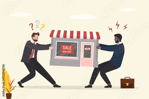 Conflict, fight over business, territory or trademarks. Businessmen pull building each other to fight or want to get shop. Acquisition, property dispute. Quarrel and problems.