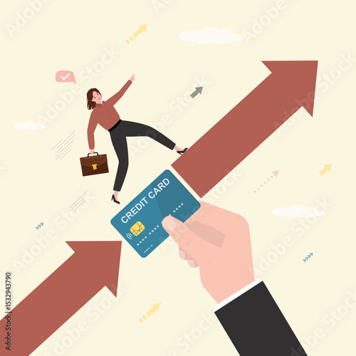 Big hand with credit card helping entrepreneur to achieve goal. Financial support concept. Loans for businesswoman. Business credit for small business. Banking service
