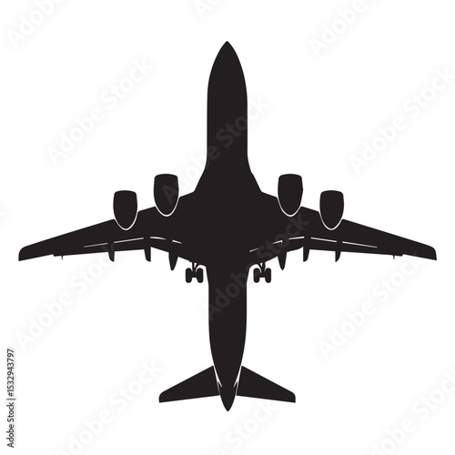 Black silhouette of airplane viewed from above