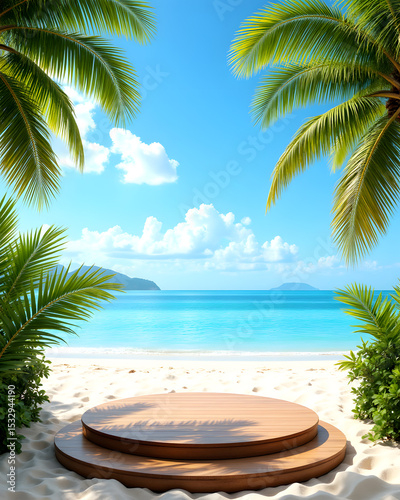 Tropical Beach Product Display: A stunning tropical beach scene featuring a double-layered wooden display stand on pristine white sand, framed by lush palm trees and turquoise ocean waters.