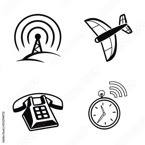 Communication Technology Icons  Wireless, Aviation, Telephony, and Time Synchronization