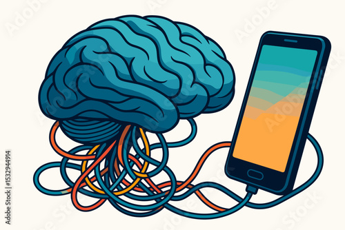Human brain connected to smartphone with cables on white background symbol of digital overload