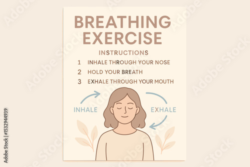 Illustration of breathing exercise instructions with calm woman and text in soft tones health and wellness concept