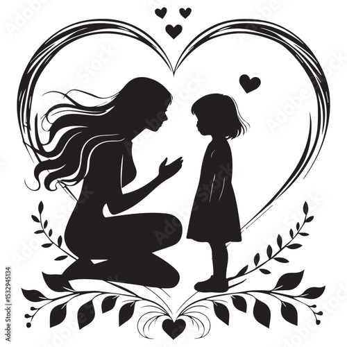 Mother and daughter silhouette in heart frame with floral design