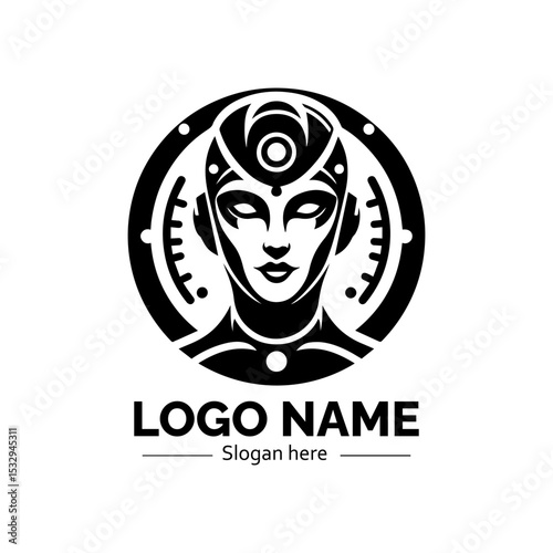 Intricate black and white female cyborg face with futuristic elements in a circular emblem. Science fiction concept