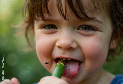 A mischievous child with grass in it