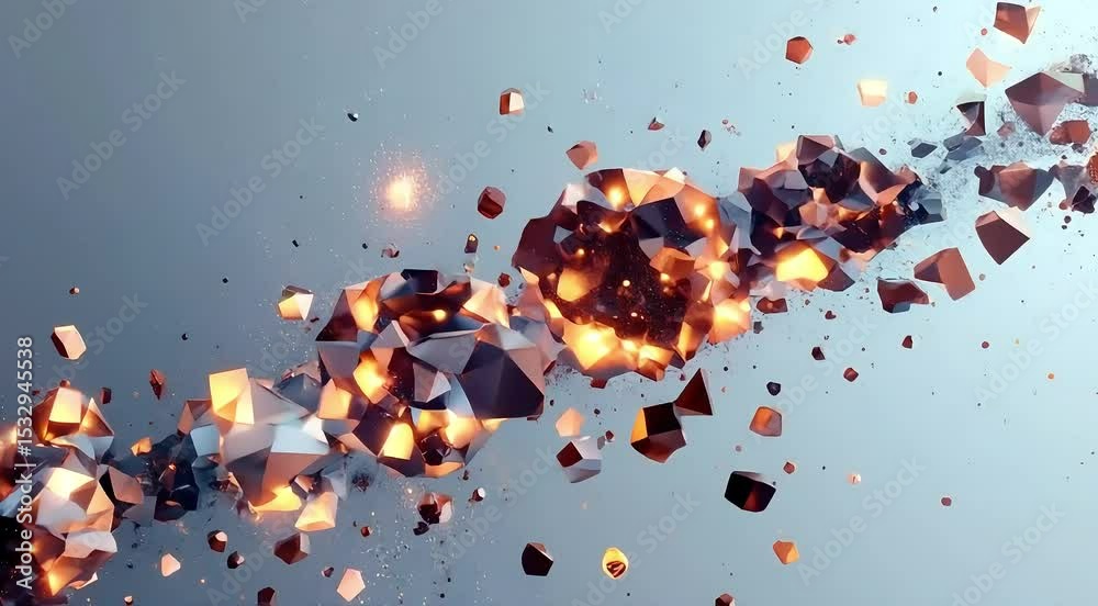 Particles forming into an evolving 3D structure, breaking apart and reassembling as glowing geometric shapes