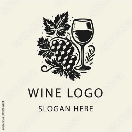 Black and white flat vector logo of a wine glass with grape cluster and leaves. Minimal vintage design, perfect for winery branding or restaurant use.