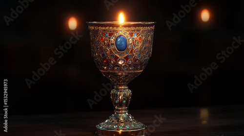 Ornate chalice with a blue jewel glows in a dark setting.