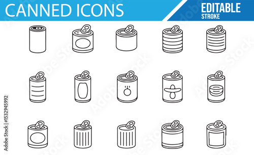 Collection of can and food icons in vector format for use in food packaging and retail designs.

